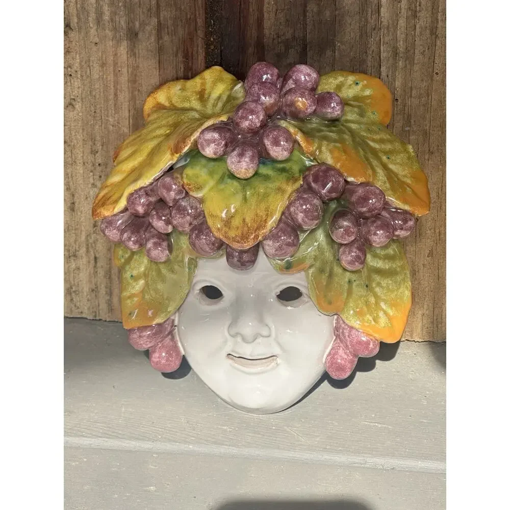 VTG Ceramiche Villani Firenze Italy Wall Mask Grape Leaf Ceramic Face Art Signed